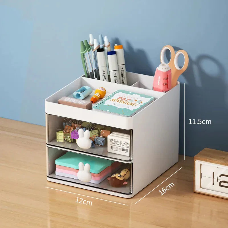 Organizador de Escritorio con Cajón - Caja Multiuso para Maquillaje, Papelería y Accesorios - Diseño con Asas de Conejo