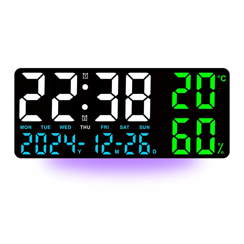 Reloj Digital de Pared LED Grande con Luz Ambiental 7 Colores - Alarma, Temperatura, Humedad y Fecha
