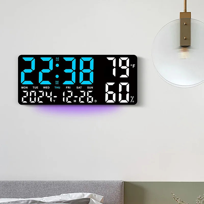 Reloj Digital de Pared LED Grande con Luz Ambiental 7 Colores - Alarma, Temperatura, Humedad y Fecha