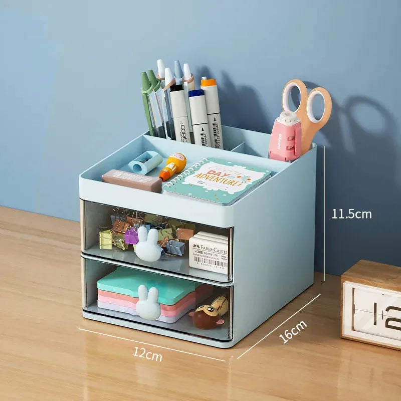 Organizador de Escritorio con Cajón - Caja Multiuso para Maquillaje, Papelería y Accesorios - Diseño con Asas de Conejo