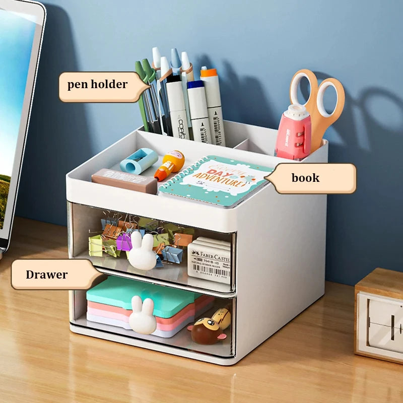 Organizador de Escritorio con Cajón - Caja Multiuso para Maquillaje, Papelería y Accesorios - Diseño con Asas de Conejo