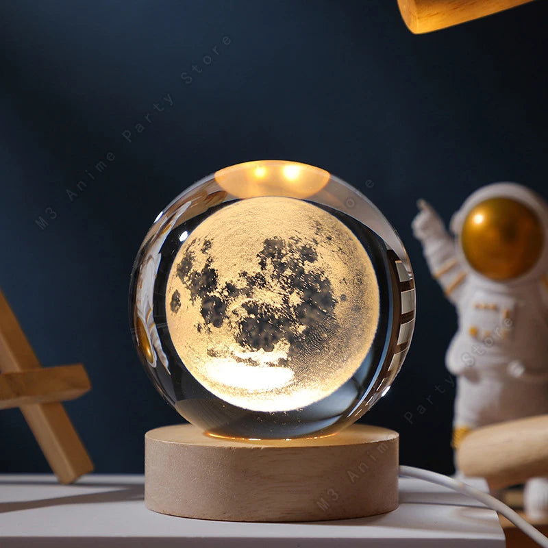 Bola de Cristal 3D con Luz LED - Planetas y Galaxia - Lámpara Decorativa de Mesita de Noche