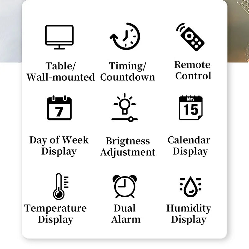 Reloj Digital de Pared LED Grande con Luz Ambiental 7 Colores - Alarma, Temperatura, Humedad y Fecha