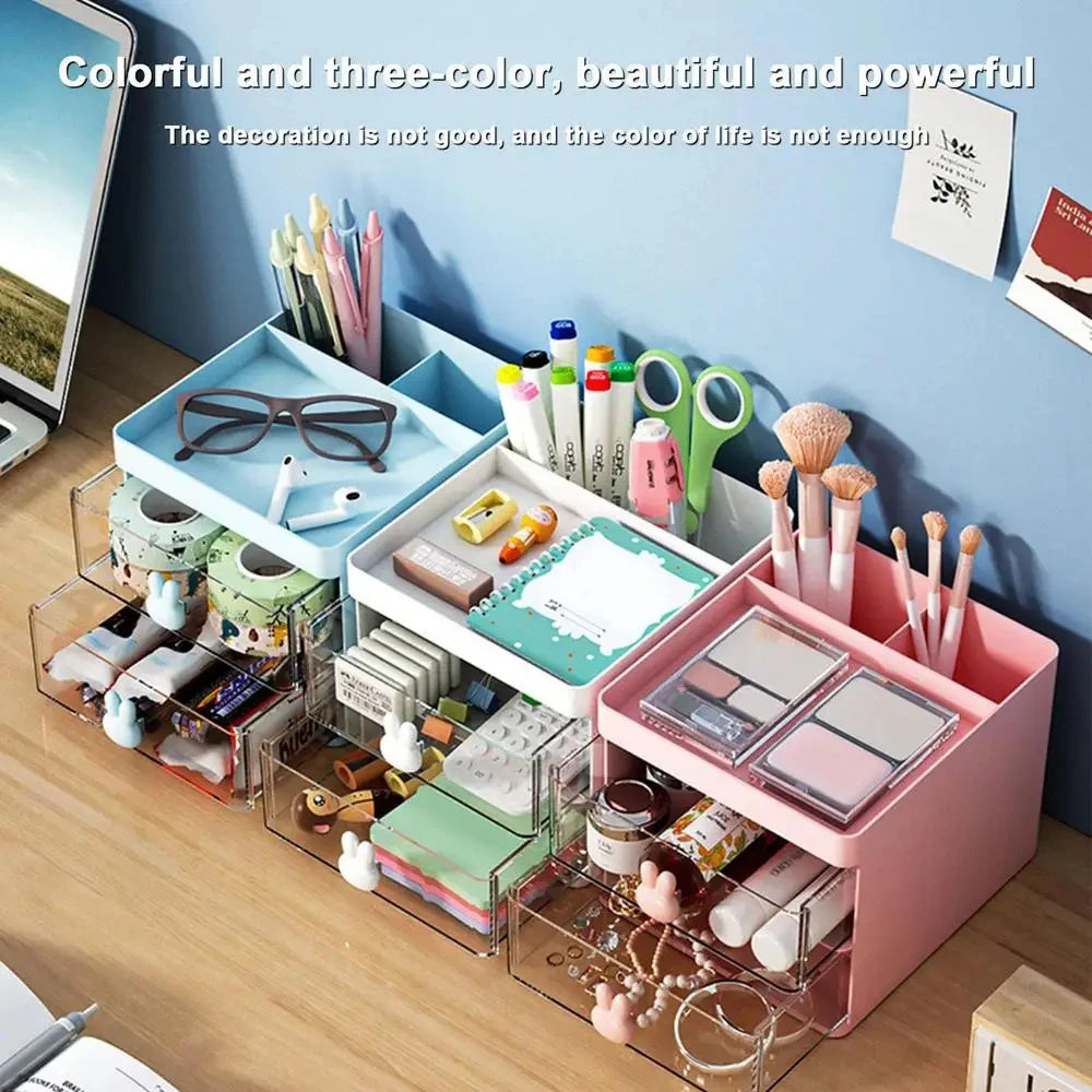 Organizador de Escritorio con Cajón - Caja Multiuso para Maquillaje, Papelería y Accesorios - Diseño con Asas de Conejo