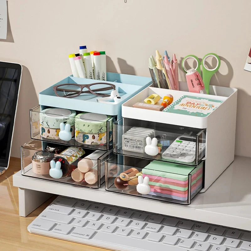 Organizador de Escritorio con Cajón - Caja Multiuso para Maquillaje, Papelería y Accesorios - Diseño con Asas de Conejo