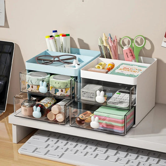 Organizador de Escritorio con Cajón - Caja Multiuso para Maquillaje, Papelería y Accesorios - Diseño con Asas de Conejo