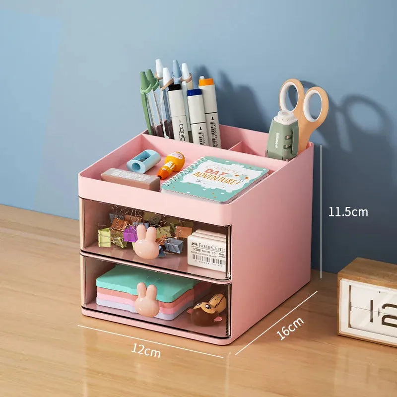 Organizador de Escritorio con Cajón - Caja Multiuso para Maquillaje, Papelería y Accesorios - Diseño con Asas de Conejo