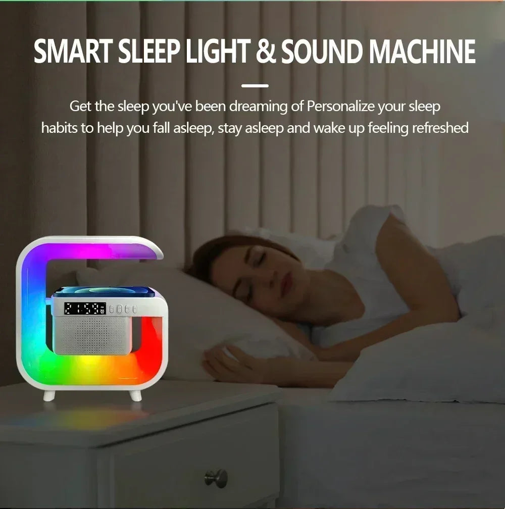 Cargador Inalámbrico 3 en 1 con Parlante Bluetooth Luz RGB Nocturna Carga Rápida iPhone Samsung Xiaomi