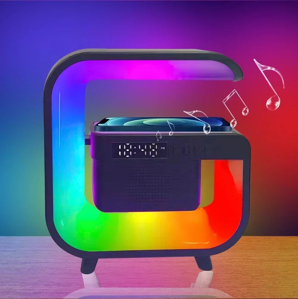 Cargador Inalámbrico 3 en 1 con Parlante Bluetooth Luz RGB Nocturna Carga Rápida iPhone Samsung Xiaomi