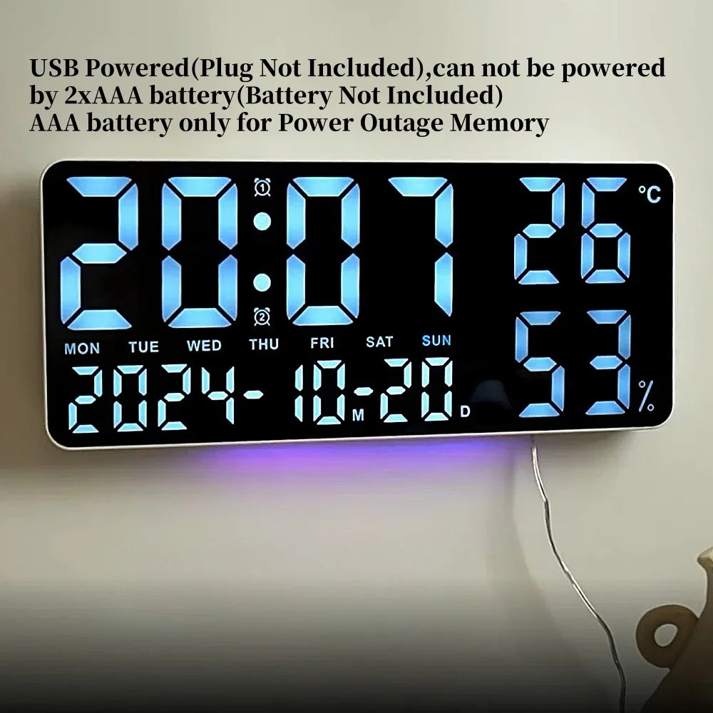 Reloj Digital de Pared LED Grande con Luz Ambiental 7 Colores - Alarma, Temperatura, Humedad y Fecha