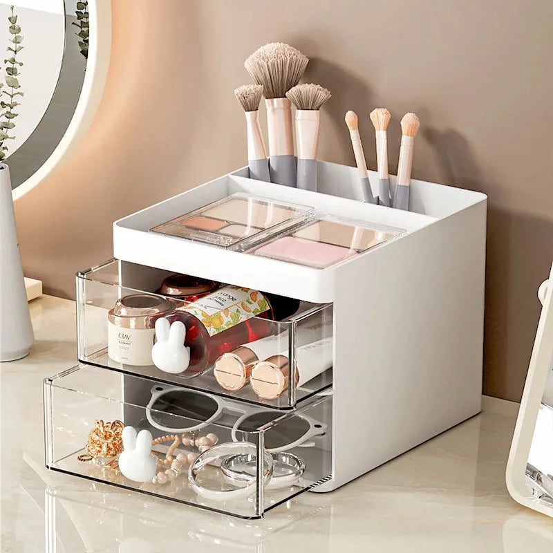 Organizador de Escritorio con Cajón - Caja Multiuso para Maquillaje, Papelería y Accesorios - Diseño con Asas de Conejo