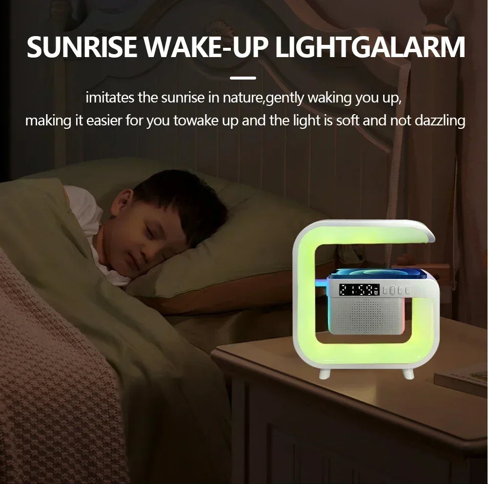 Cargador Inalámbrico 3 en 1 con Parlante Bluetooth Luz RGB Nocturna Carga Rápida iPhone Samsung Xiaomi