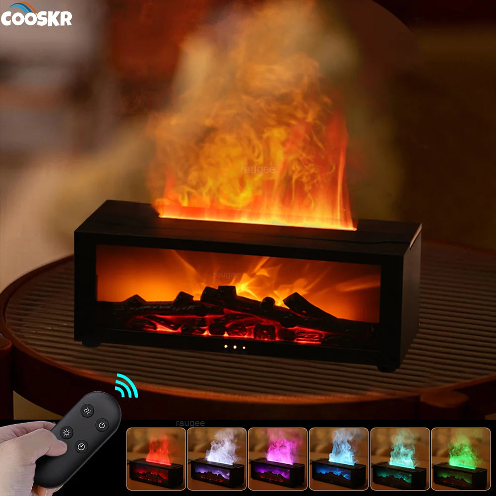 Humidificador de Aire con Difusor de Aceites Esenciales - Efecto Llama con Luz LED y Control Remoto