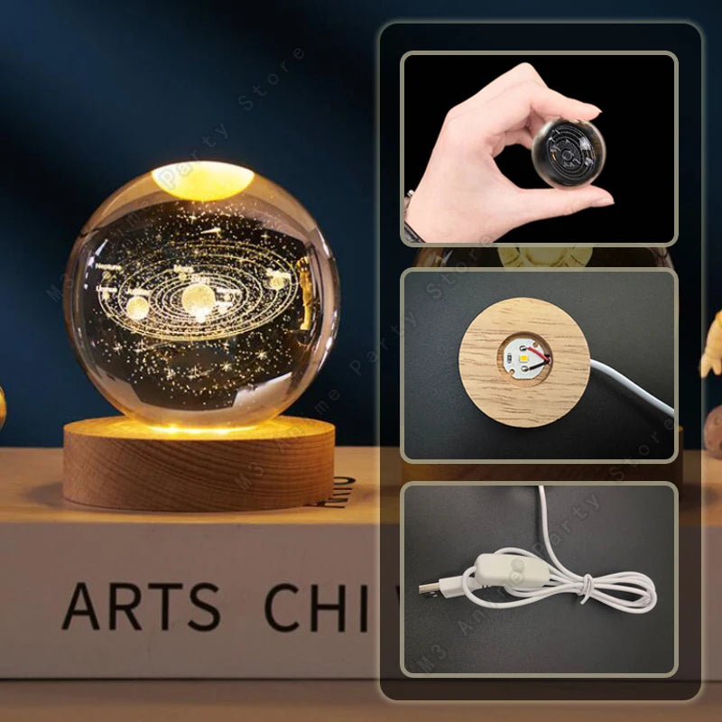 Bola de Cristal 3D con Luz LED - Planetas y Galaxia - Lámpara Decorativa de Mesita de Noche