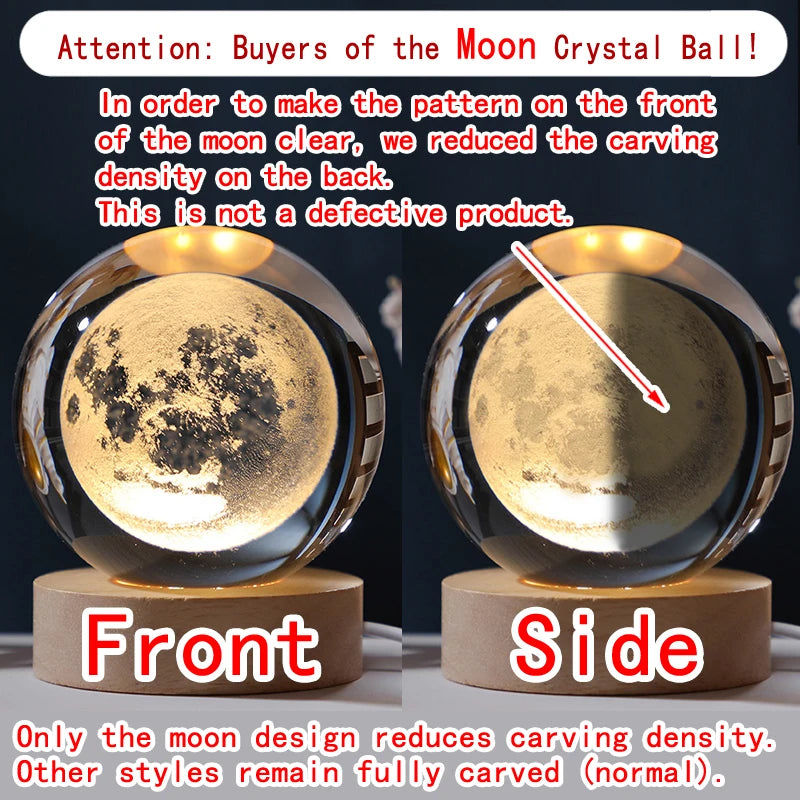 Bola de Cristal 3D con Luz LED - Planetas y Galaxia - Lámpara Decorativa de Mesita de Noche