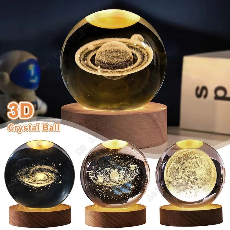 Bola de Cristal 3D con Luz LED - Planetas y Galaxia - Lámpara Decorativa de Mesita de Noche